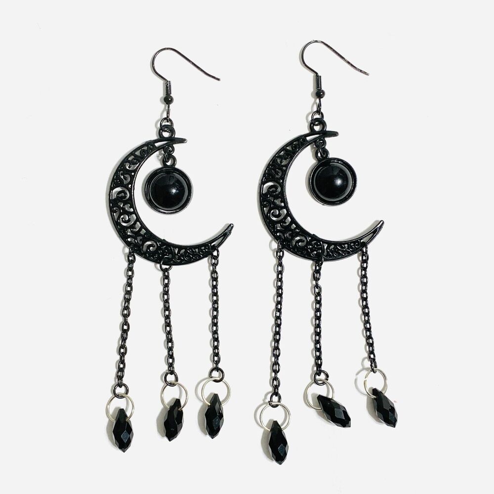 Black Crescent Moon Earrings Dangle Charm Chain Faceted Enchanted Whimsygoth